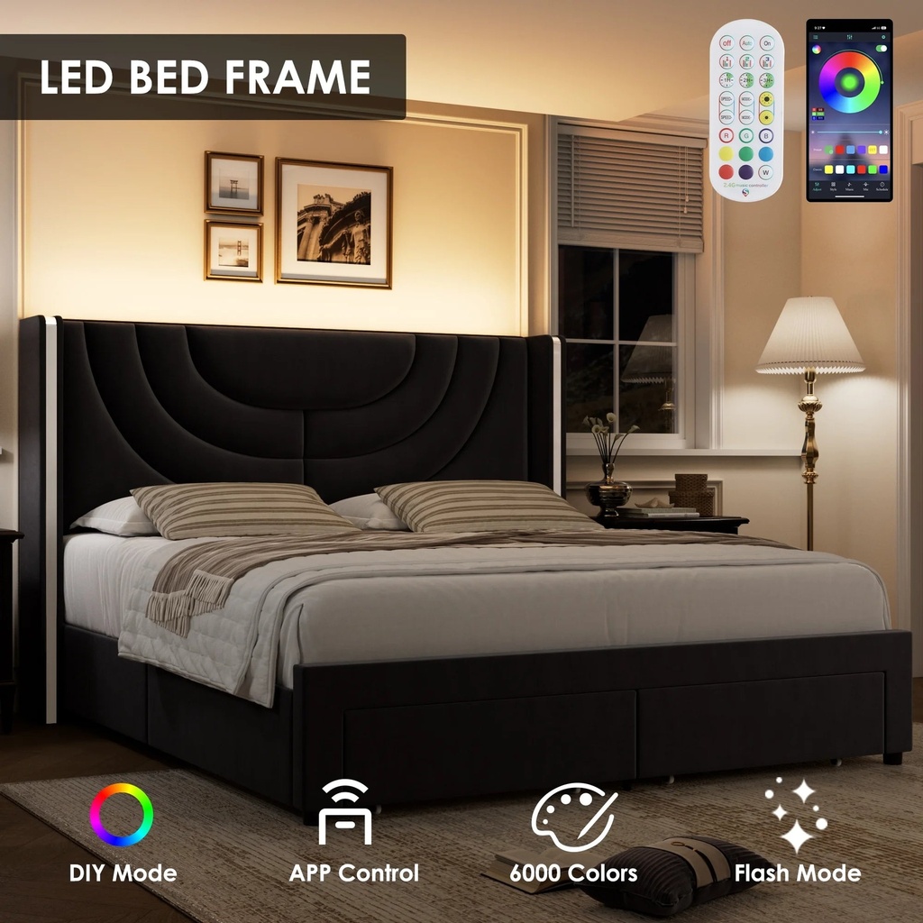 Homfa Full Size Platform Bed Frame with LED & Drawers