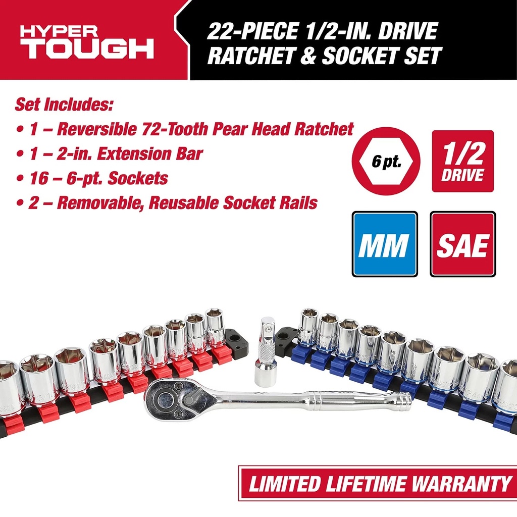 Hyper Tough 22-Piece Ratchet and Socket Set - SAE & Metric