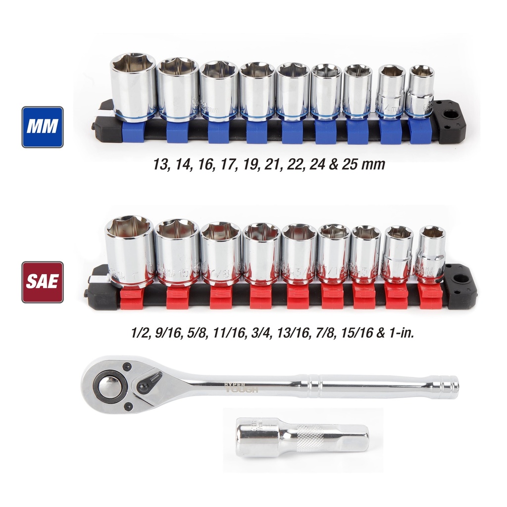 Hyper Tough 22-Piece Ratchet and Socket Set - SAE & Metric