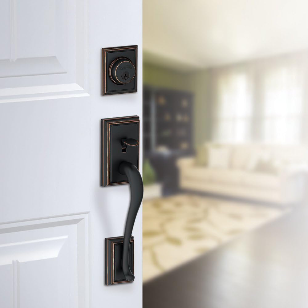 Addison Handke Schlage F58 Addison Aged Bronze Handleset with Deadbolt
