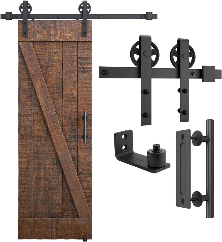 SMARTSTANDARD 5Ft Heavy Duty Sliding Barn Door Hardware Kit, Black, (Whole Set Includes 1X Pull Handle Set & 1X Floor Guide) Fit 30" Wide Door Panel (Big Industrial Wheel Hangers)