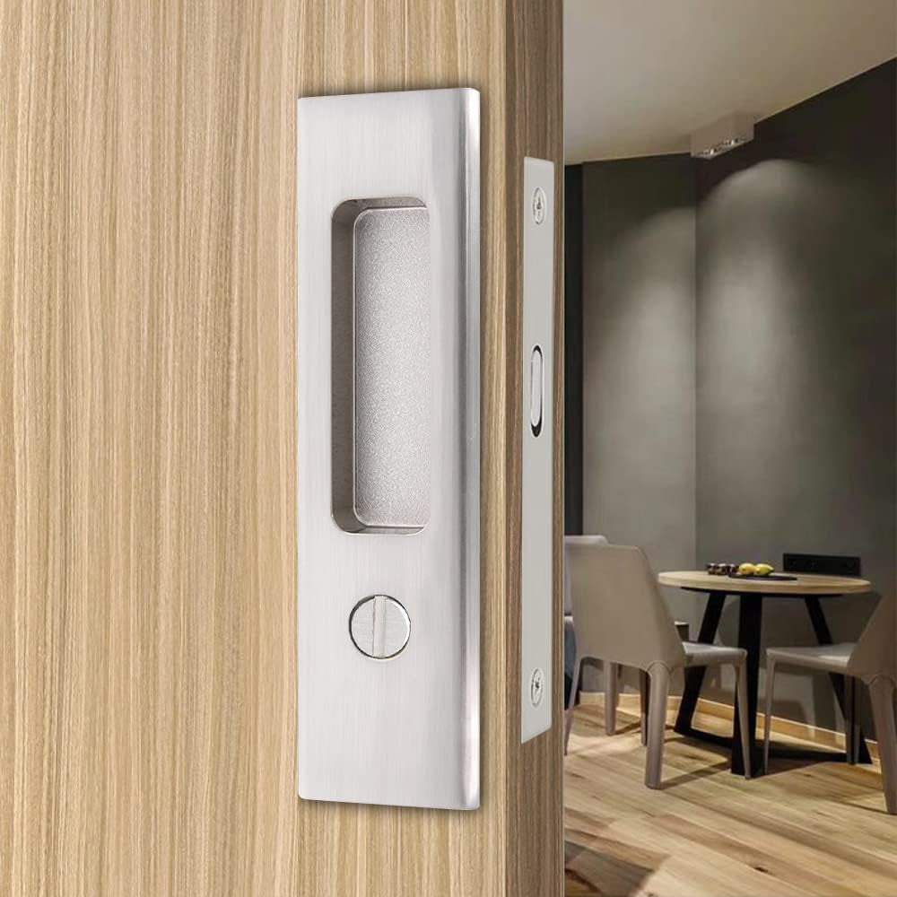 Hoconnie 6.3” Privacy Pocket Door Lock Hardware, Sliding Door Barn Door Lock, Bathroom Mortise Lock, Invisible Furniture Hardware for 1-7/16” ~ 1-15/16” Thickness Door Brushed Nickel