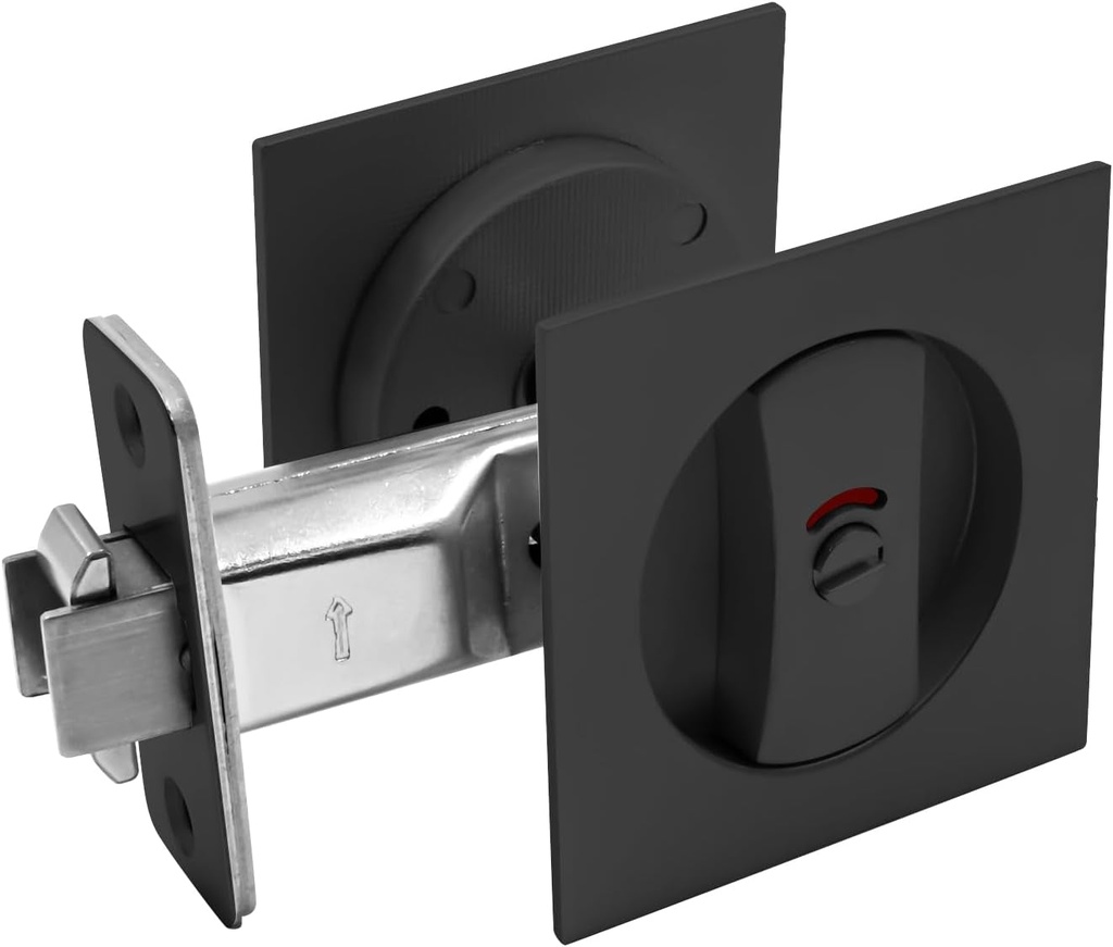 Black Pocket Door Hardware with Color Indicators Square Pocket Door Lock Privacy Pocket Door Latch Pocket Door Handles for Bathroom, 1 Pack