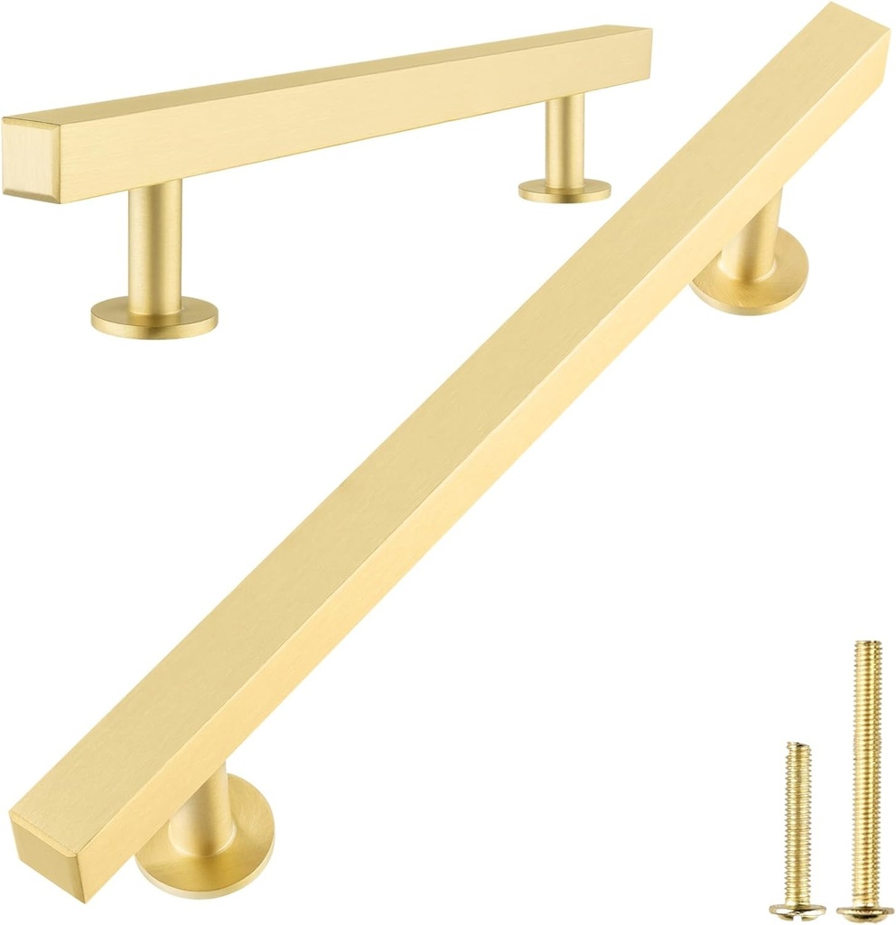 QOGRISUN 5-Pack Solid Brass Cabinet Handles, Gold Square T Bar Cabinet Pulls, 3 Inch Hole Center for Kitchen Dresser Drawer Cupboard, Brushed Brass Finish