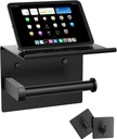 Tindbea Mega Size Toilet Paper Holder with Shelf + Towel Robe Hooks, Adhesive or Screw Wall Mounted Toilet Paper Roll Holder, Stainless Steel Bathroom Hardware Set (Matte Black)…