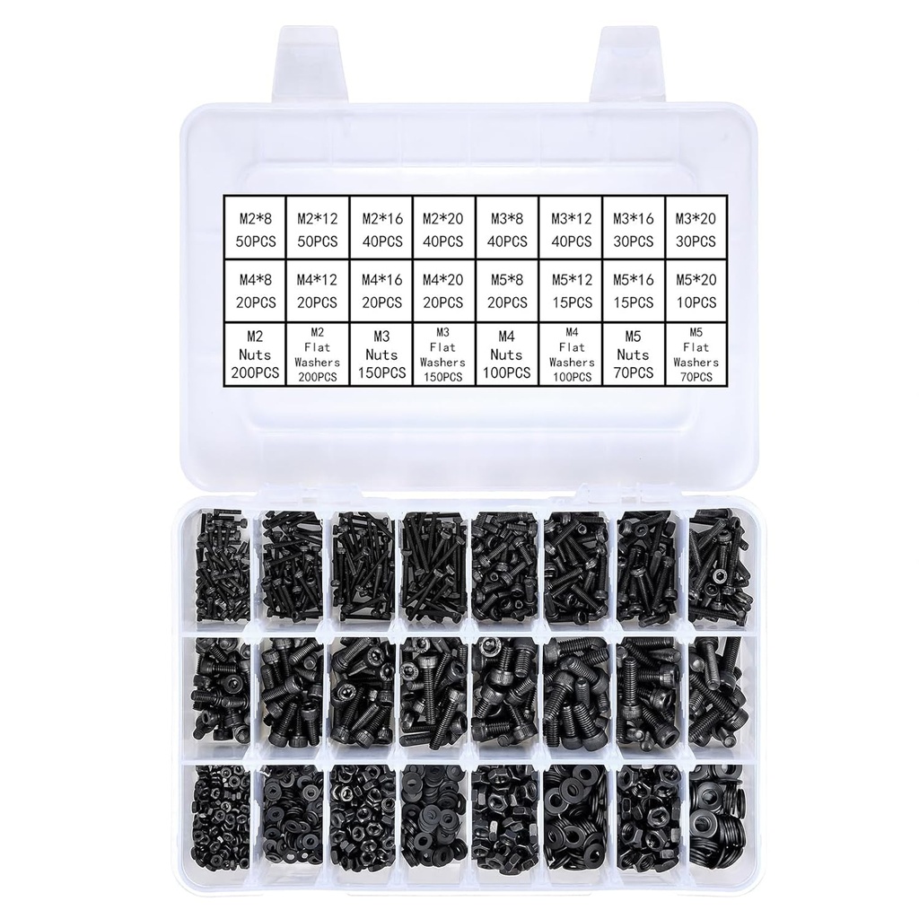 1500 Pcs M2/M3/M4/M5 Socket Cap Machine Screws Assortment Kit - Black Alloy Steel Metric Bolt Kit with 4 Types of Hex Wrench for Wood Working Hardwares with Flat & Lock Washers