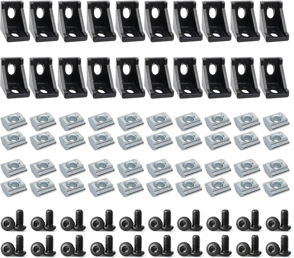 20Sets 10 Series Extrusion Black Brackets 1" X 1" 1010 Aluminum Extrusion Profiles Connector Set, 20Pcs 10 Extruded Aluminum Corner with T Slide Nuts Bolts for 10 Series Extru Profiles Rail