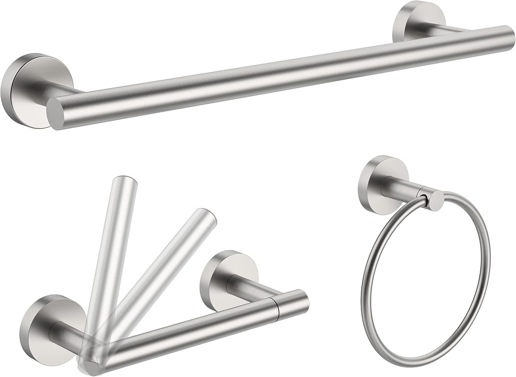 3Pc Bathroom Hardware Set with Brushed Toilet Paper Holder & Towel Ring & Towel Bar SUS304 Stainless Steel Toilet Paper Roll Holder Wall Mount & Bathroom Towel Holder & Towel Rack Set