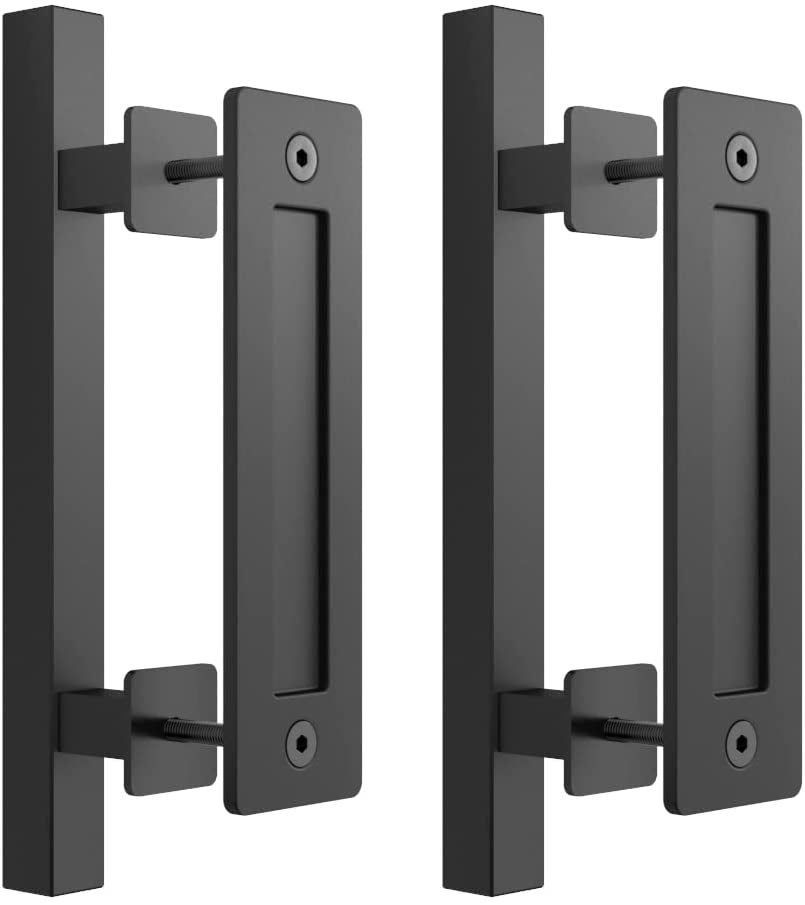 SKYSEN 2 Pack 12" Barn Door Handles, Sliding Barn Door Pull Handle, No Gap Flat Plate Design- Heavy Duty- Square- Easy to Install- Matt Black (685-2)