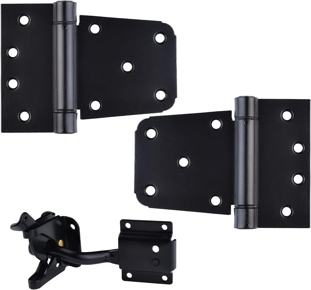 Self-Closing Gate Hardware Kit,1 Pack Self-Locking Gate Latch and 2 Pack 3.5Inch Heavy Duty Adjustable Spring Gate Square Barn Hinges,Black Finish Gate Hardware Set for Wood Vinyl Fence Gate Shed Door