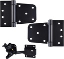 Self-Closing Gate Hardware Kit,1 Pack Self-Locking Gate Latch and 2 Pack 3.5Inch Heavy Duty Adjustable Spring Gate Square Barn Hinges,Black Finish Gate Hardware Set for Wood Vinyl Fence Gate Shed Door