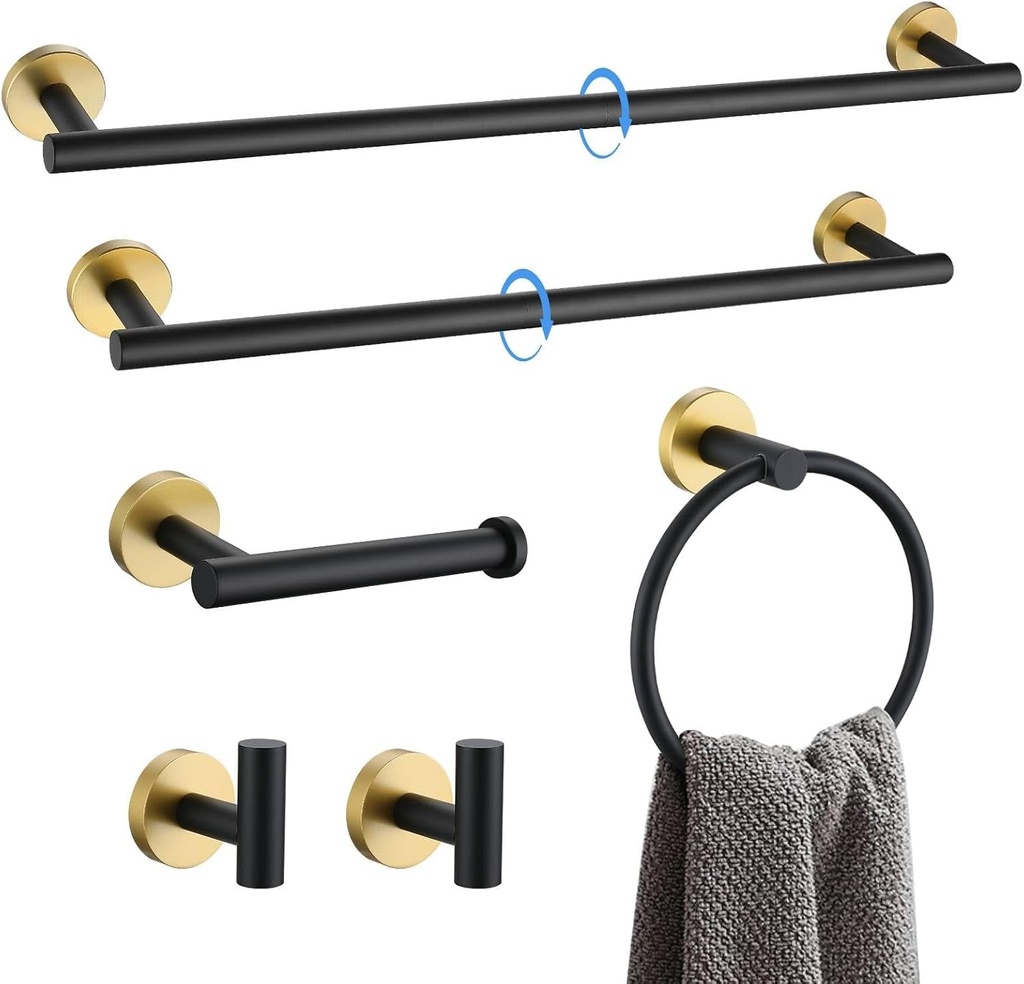 Black and Gold Towel Bar Set 6 Pieces Bathroom Hardware Accessories Set Include 19.68/23.6 in Towel Bar Towel Ring Towel Hook and Toilet Paper Holder Stainless Steel Wall Mounted
