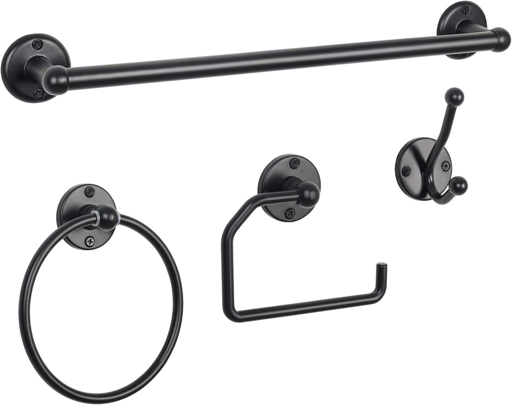 LIANTRAL Bathroom Hardware Set, 4-Piece Black Bath Accessories Kit with 18’’ Towel Bar, Toilet Paper Holder, Towel Ring and Robe Hook, Bathroom Towel Kit Black, Wall Mounted