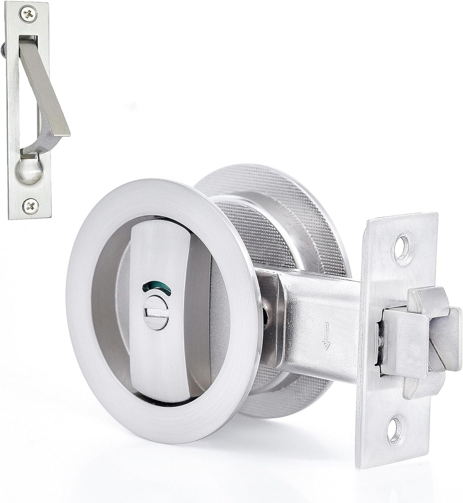 Dontay 2 Pack Pocket Door Lock, Color Coded Indicators, Privacy (Bed/Bath) Handles Latch, 2-3/8" Backset, Hardware for 1 3/8” to 2 3/16” Thickness Door (Including Edge Pull, Brushed Nickel, Round)
