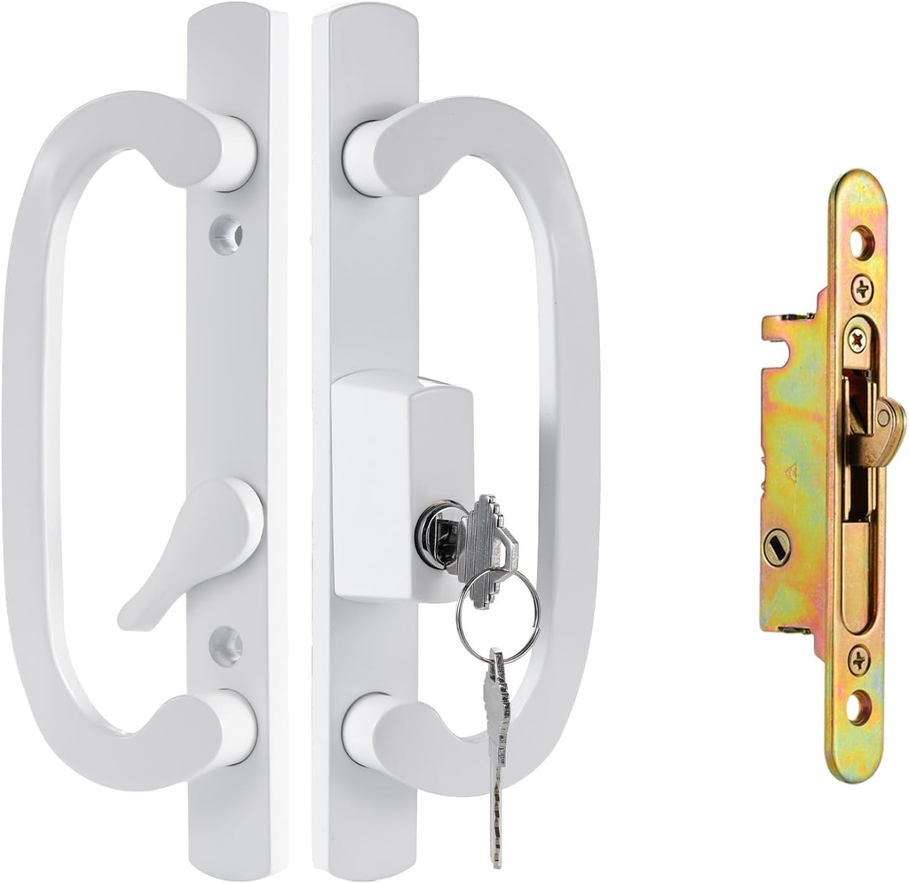Keyed Sliding Patio Door Handle Set with Mortise Lock, Zinc Diecast, Offset Thumbturn, Fits 1-5/8" to 1-3/4" Door Thick, 3-15/16" Hole Spacing, Non-Handed, White