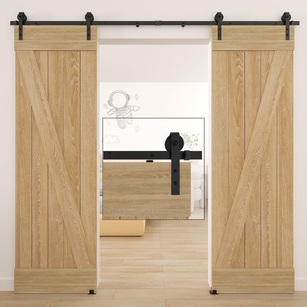 8FT Sliding Barn Door Hardware Track Kit for Double Door: Easy to Install -Smoothly and Quietly Sliding Barn Door Track Low Ceiling Lite Version, Upgraded Modular Track with Screw Fixation