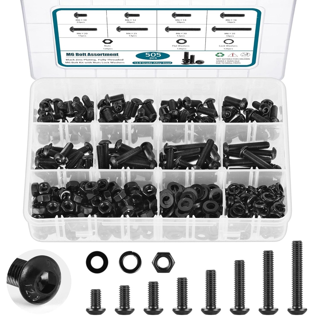 505Pcs Metric M6 Bolt Assortment 10/12/14/16/20/25/30/35Mm Button Head Hex Socket Cap Screws Bolts Nuts Washers Assortment Kit, 12.9 Grade Alloy Steel Black Galvanized, Fully Threaded
