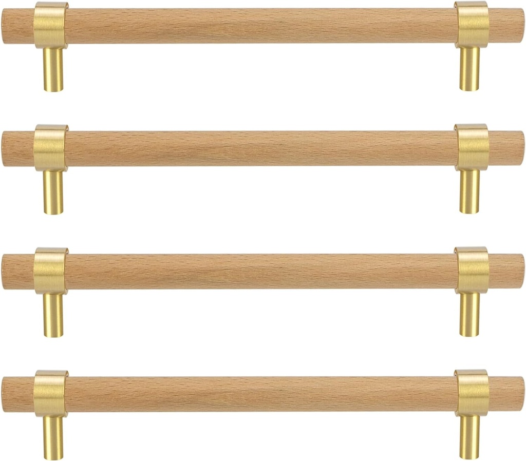 Natural Wood and Brass Kitchen Cabinet Handles 5~7.4 Inch Center to Center 4Set Adjustable 6Inch Double Hole Modern Dresser Pulls, 7Inch Unfinished DIY Drawer Knobs