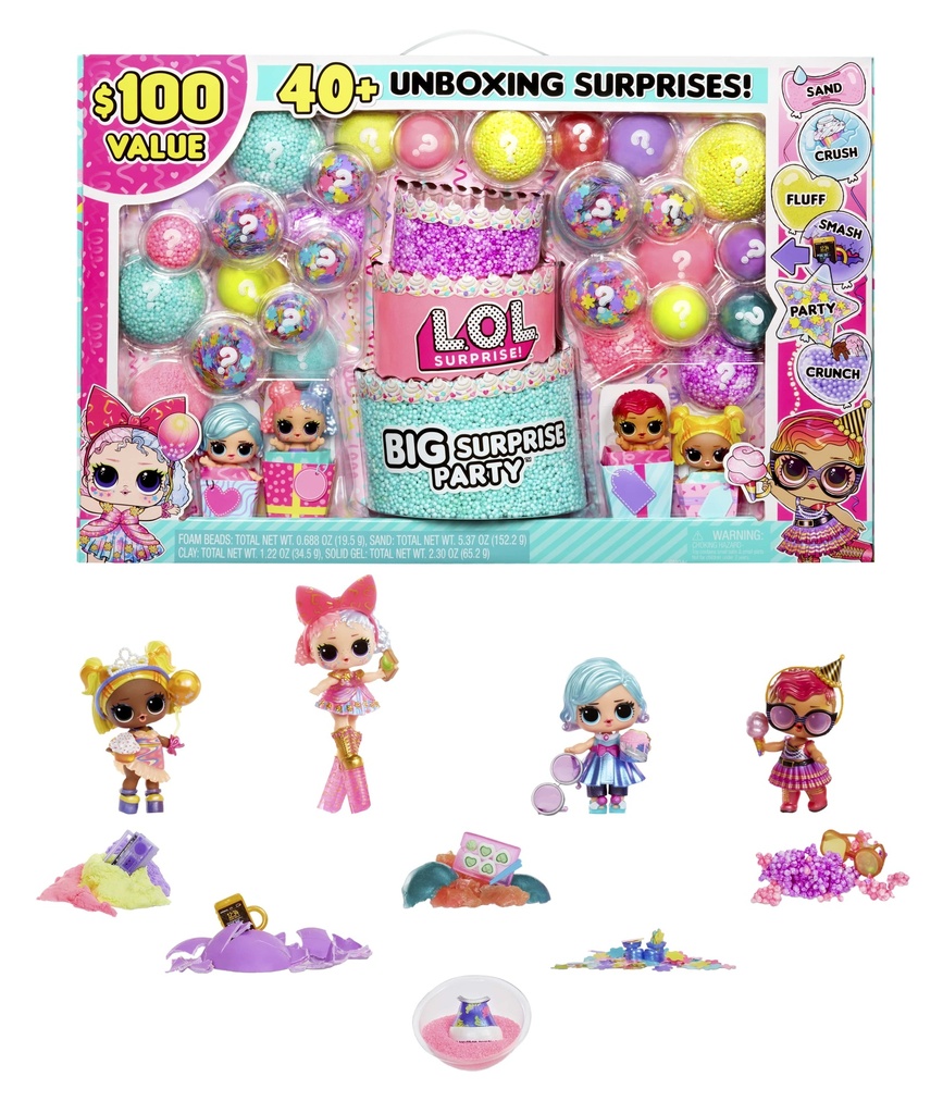 LOL Surprise Big Surprise Party with 4 Collectible Dolls, 6 Unboxing Experiences, Sand, Gel Crush, Shell Smash, Confetti, Crunch Beads, Gift for Girls