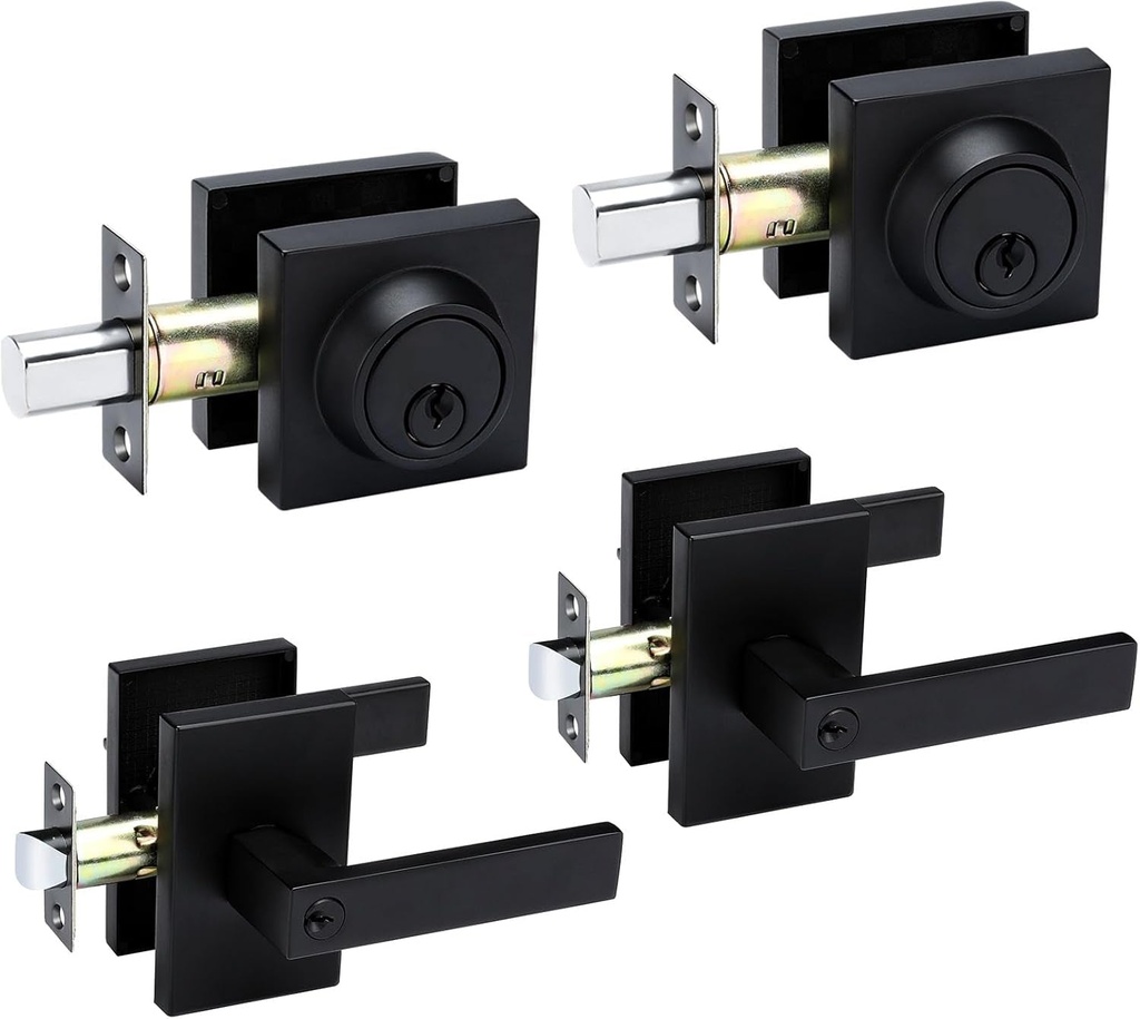 Goldenwarm 2 Pack Black Door Handle with Deadbolt, Square Contemporary Matte Black Exterior Door Lock Set with Deadbolt, Heavy Duty Zinc-Alloyed Front Entry Door Locksets with Deadbolt