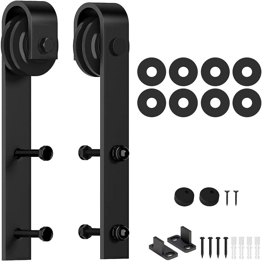 Skysen Sliding Barn Door Hardware Roller Set Black (J Shape Hanger)