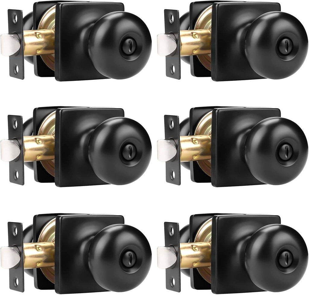 GOBEKOR 6 Pack Matte Black Door Knob Privacy Interior round Privacy Door Knobs for Bed Bathroom Square Modern Door Knob with Lock