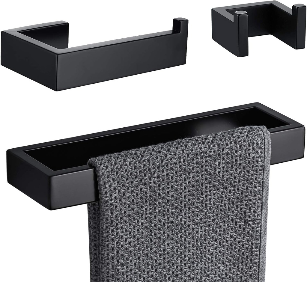 Lairuier Bathroom Hardware Set，Towel Ring Set Contemporary Stainless Steel 3-Piece Matte Black-Towel Rings Toilet Paper Holder Robe Hook, Wall Mounted
