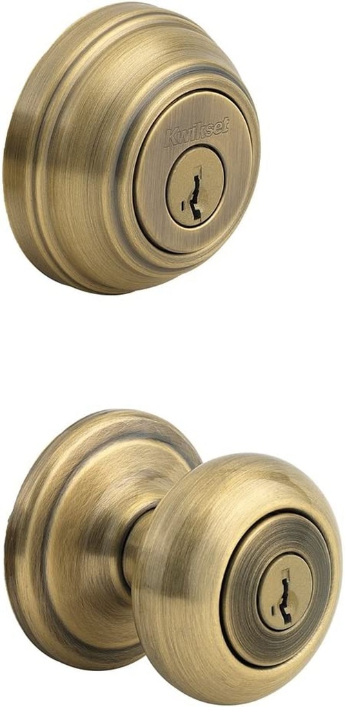 Kwikset Juno Keyed Entry Door Knob and Single Cylinder Deadbolt Combo Pack with Microban Antimicrobial Protection Featuring Smartkey Security in Antique Brass, 99910-033
