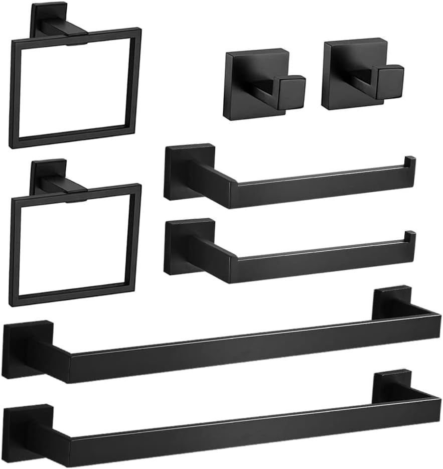 8-Piece Bathroom Hardware Accessories Set, Towel Bar Sets Include Towel Bar Towel Holder Toilet Paper Holder Towel Hook,16 Inch Bath Accessories Kit，Matte Black,2 Pack