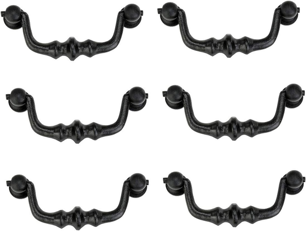 Renovators Supply Manufacturing Black Wrought Iron Drawer Bail Pull 4.38 Inch Long Antique Kitchen Cabinet Drop Style Swing Handles Rust Resistant Powder Coat Finish with Mounting Hardware Pack of 6