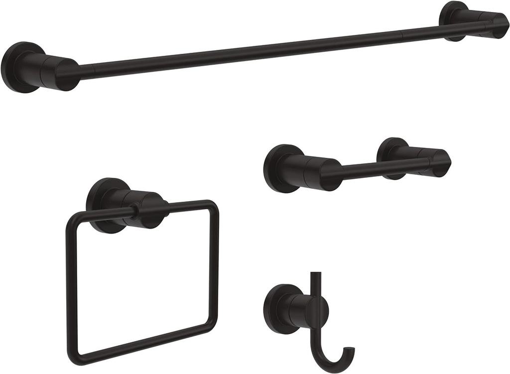 DELTA FAUCET NIC64-MB Nicoli 4-Piece Bath Hardware Set with 24-In Towel Bar, Toilet Paper Holder, Towel Ring, Towel Hook in Matte Black