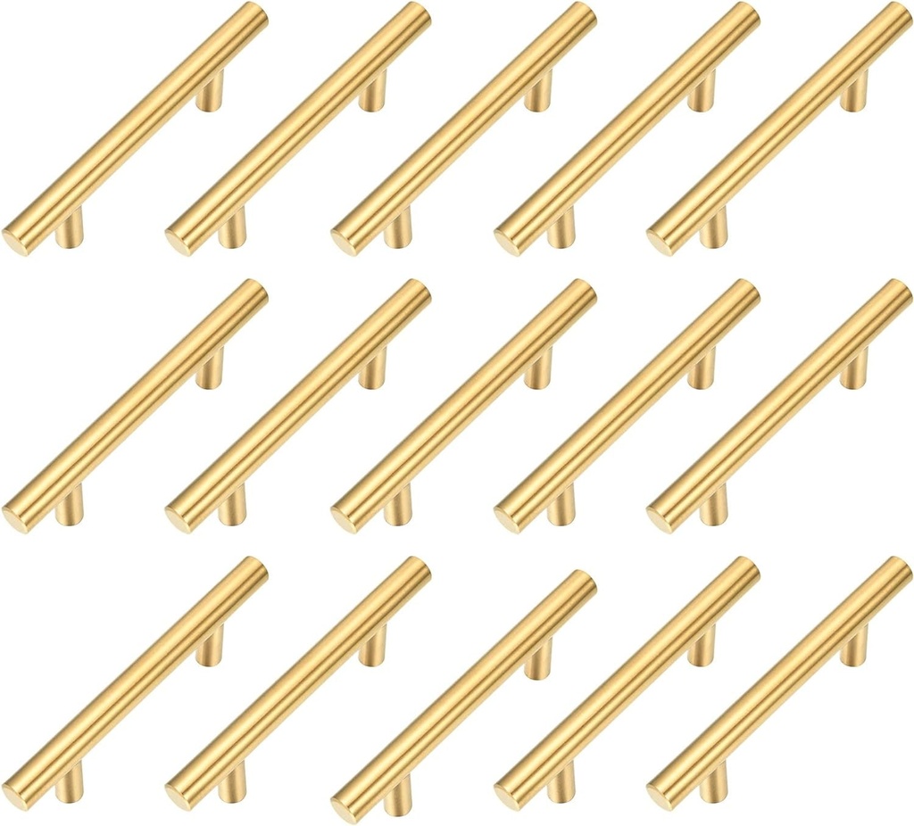 15 Pack Brushed Gold Cabinet Pulls Stainless Steel T Bar Pull Handles Modern Euro Tube Kitchen Cupboard Knobs Hardware for Closet Drawer Door Wardrobe (Overall Length 5", Hole Center 3")