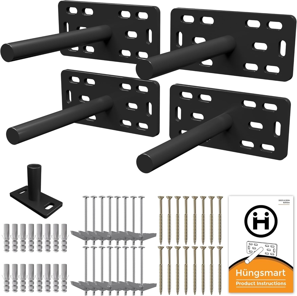 (Set of 4) 4"X5"X2" XL Heavy Duty Floating Shelf Brackets for DIY Shelf- Premium Floating Shelves Hardware for Wall Mounting - Ideal Shelf Bracket for Enhanced Home Decor (6 Inch Rod) Black