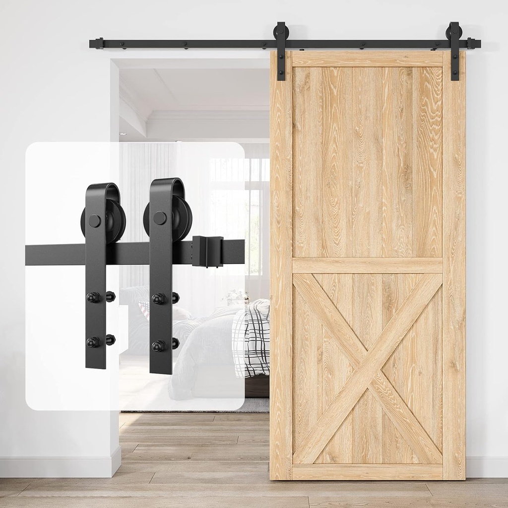 8Ft Heavy Duty Sturdy Sliding Barn Door Hardware Kit Single Door - Smoothly and Quietly - Simple and Easy to Install - Fit 1 3/8-1 3/4" Thickness Door Panel(Black)(J Shape Hangers)