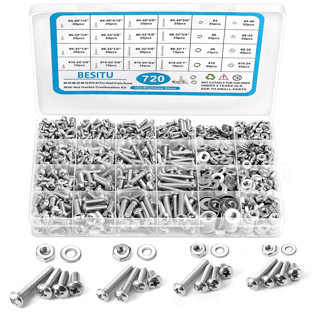 720Pcs Machine Screw Assortment Kit, #10-24#8-32#6-32#4-40 Phillips Pan Head Assorted Nuts Bolts and Flat Washers Kit, Stainless Steel Screws Hardware Assortment with Case