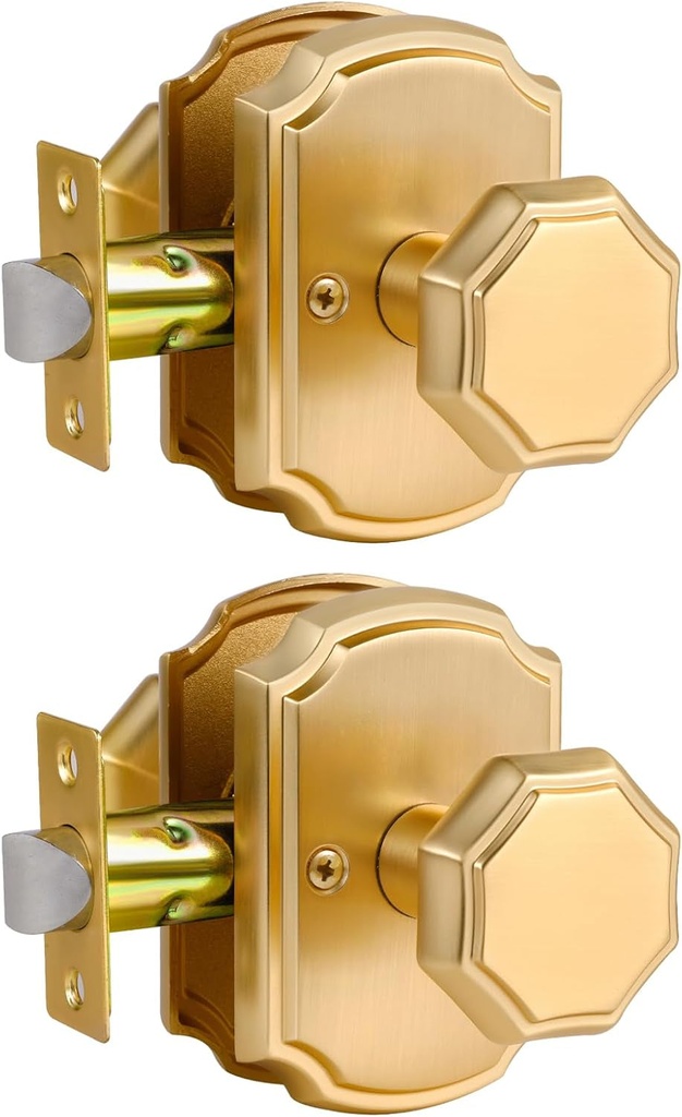 2 Pack Gold Door Knobs Passage Door Knobs Brushed Gold Interior Satin Brass Door Knob for Hall and Closet,Zinc Alloy