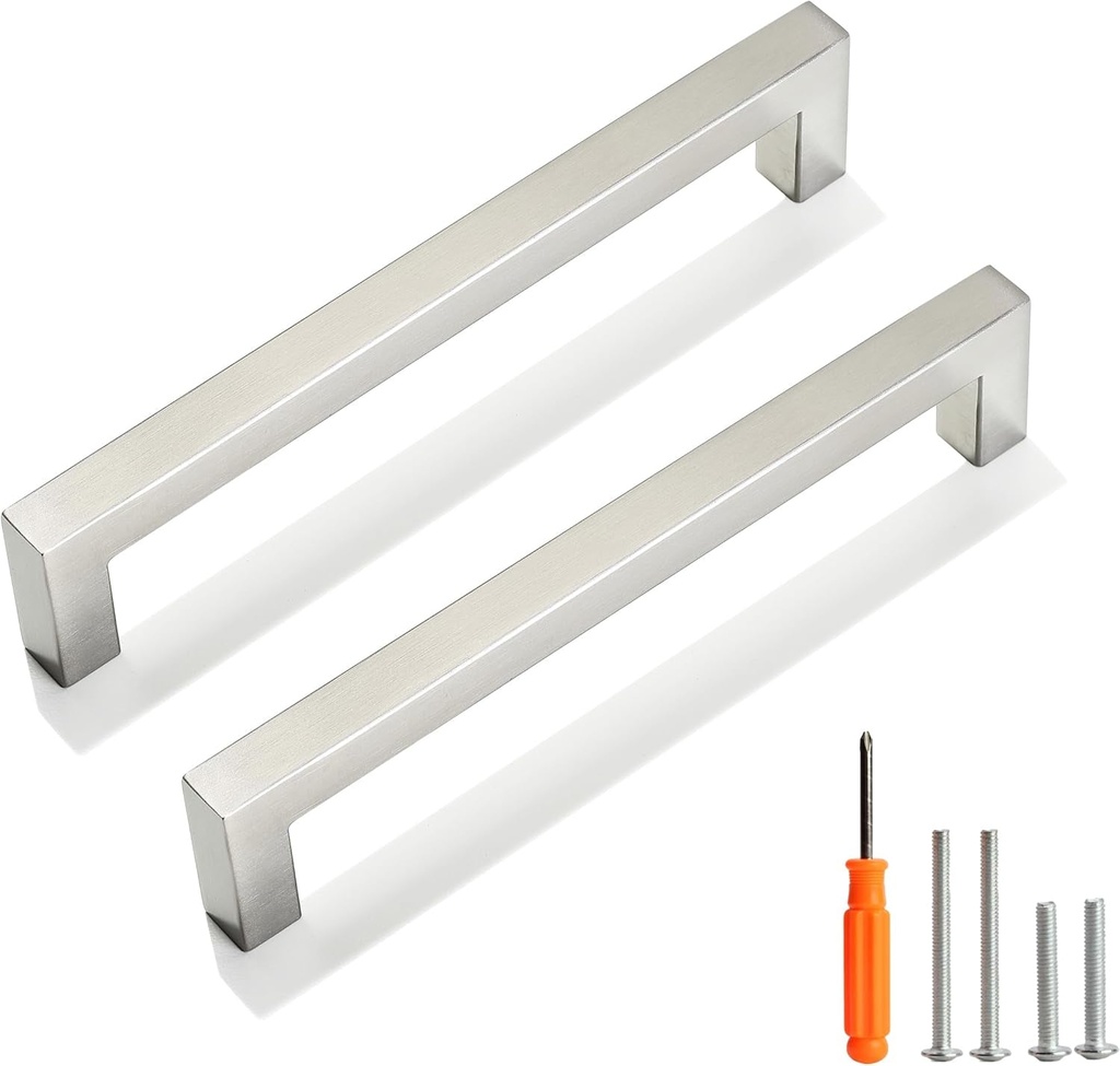 Cabinet Pulls Brushed Nickel Cabinet Handles Square Drawer Pulls, 10 Pack 6-1/4 Inch Stainless Steel Kitchen Door Cupboard Cabinet Handles, Cabinet Hardware Drawer Handles, 160Mm Hole Centers