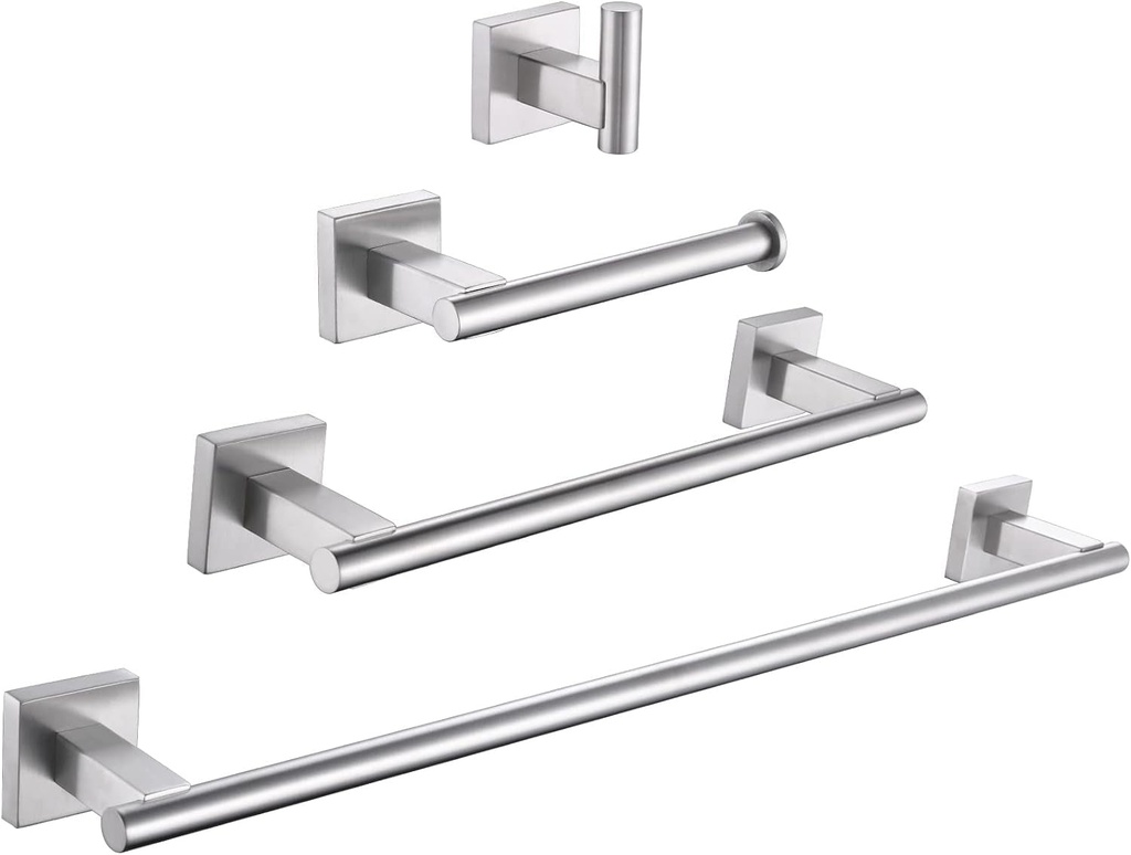 Bathroom Hardware Set Bushed Nickel, Suyar SUS304 Stainless Steel 4 Pieces Bathroom Accessory Kit, Include Towel Hook, Toilet Paper Holder, Hand Towel Holder, Towel Bar, Wall Mount