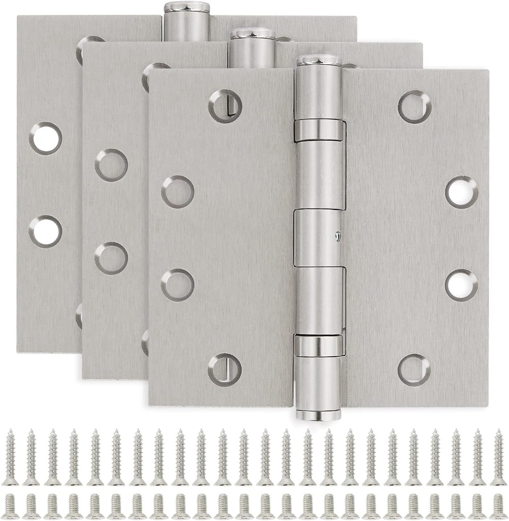 TDC Door Hinges Hardware Hinges 4 Inch Square Interior Hinges for Doors Ball Bearing Door Hinge 4-1/2 X 4-1/2 Full Mortise Stainless Steel 3Pack Silver