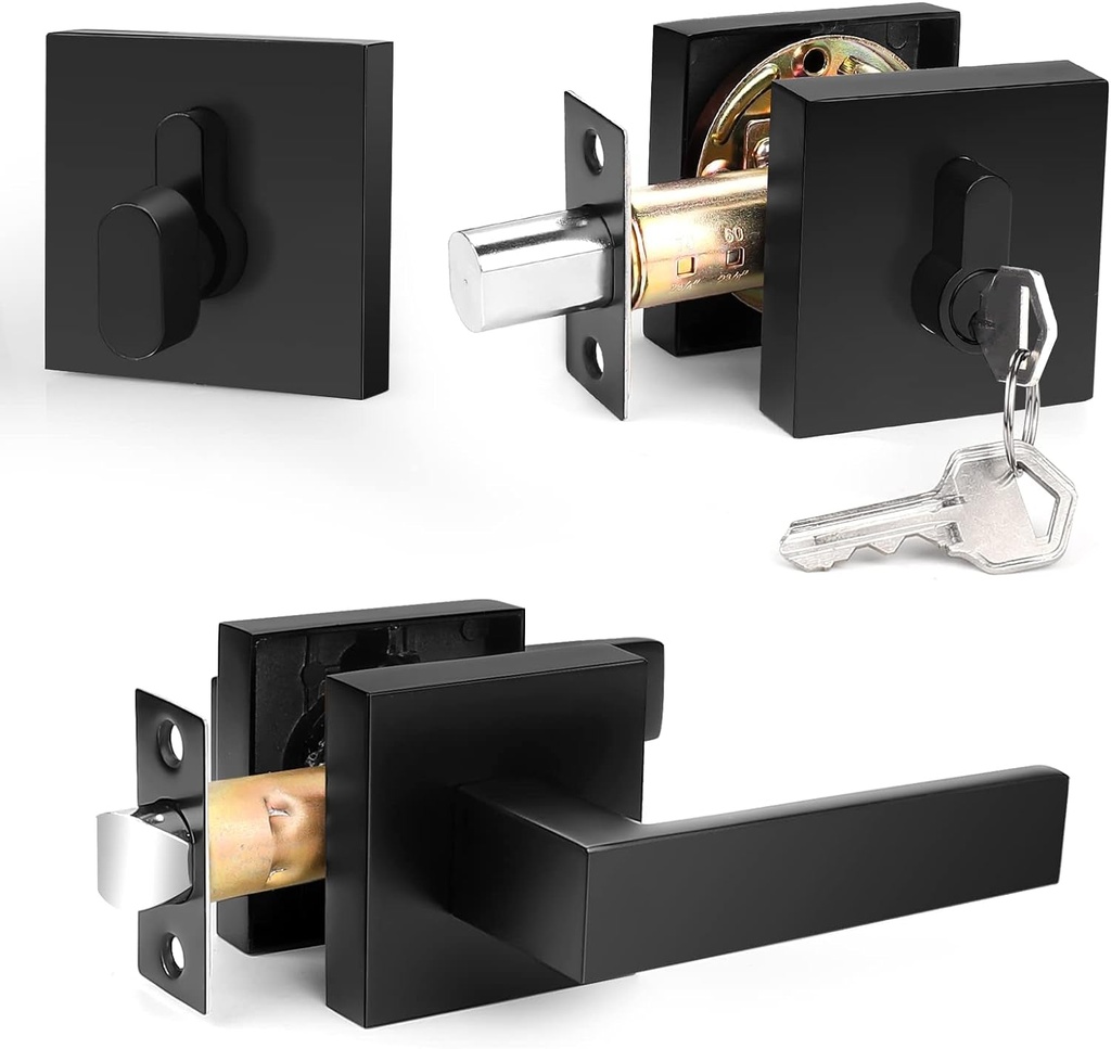 Probrico Flat Black Passage Door Lever with Single Cylinder Deadbolts Combo Pack, Modern Square Lock Set Handleset,Exterior Handle and Set,Exterior