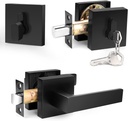 Probrico Flat Black Passage Door Lever with Single Cylinder Deadbolts Combo Pack, Modern Square Lock Set Handleset,Exterior Handle and Set,Exterior