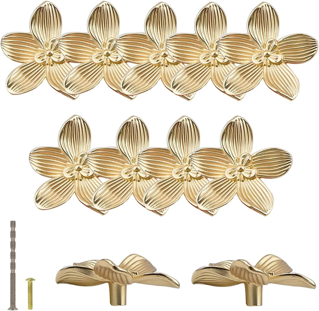 Gold Flower Drawer Knobs Creative Petal Kitchen Cabinet Knobs Dresser Knobs Furniture Cupboard Drawer Pulls Handles for Wardrobe Door Pulls (Gold,12Pcs)
