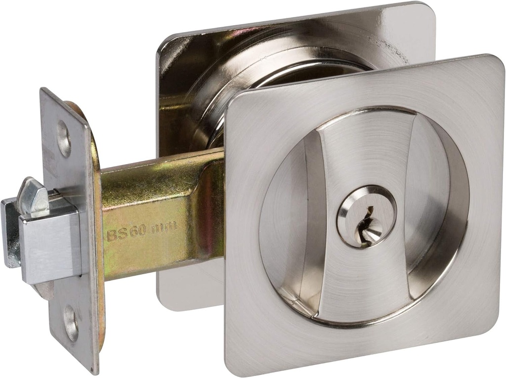 Delaney Hardware 370009 Contemporary Entry Square Pocket Lock Satin Nickel, Silver Pocket Door Lock with Key, Pocket Door Lock with Key, Sliding Door Lock