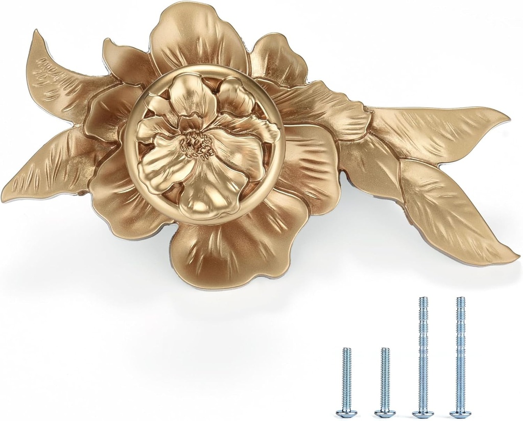 Satanga Flower Cabinet Pulls Handle Knob Drawer for Kitchen Dresser Wardrobe Bathroom and Cupboard to Hole Hardware Knob Easy Installation Self-Contained Screws Pack of 4 Champagne Bronze