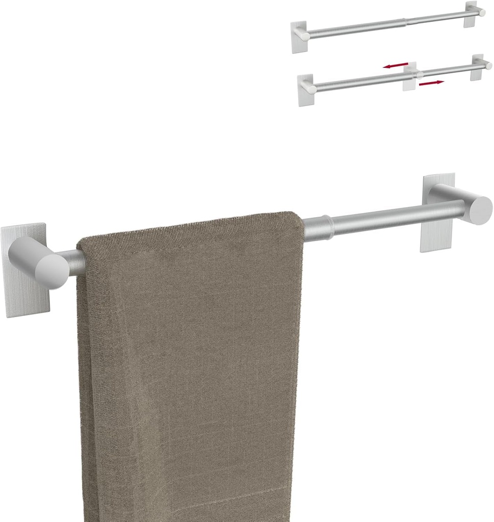 HOMOTEK Towel Bar Adjustable Self Adhesive Bathroom Towel Holder, Towel Rod Size from 14 Inch to 24.5 Inch Single Towel Racks, Towel Hanger Towel Hook for Bathroom, Kitchen(2 Pack Brushed Nickel)