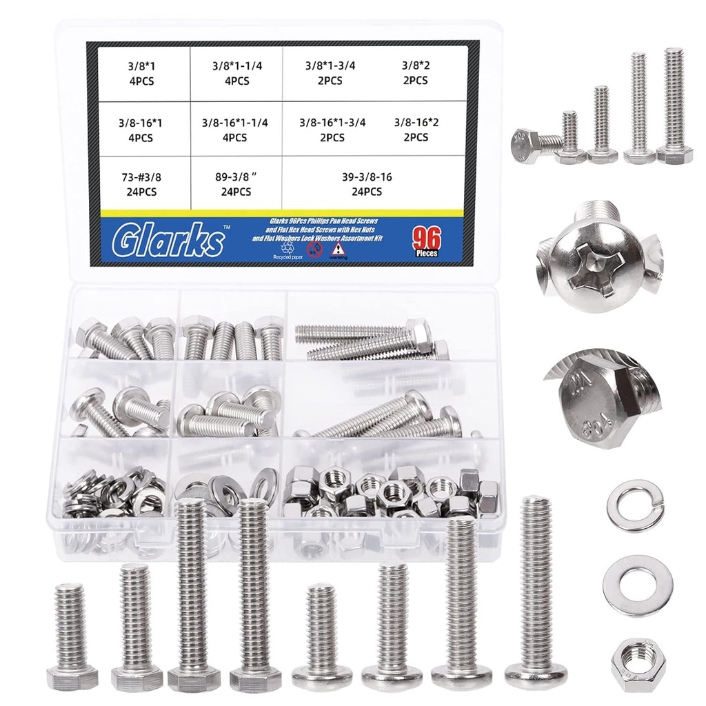 Glarks 96Pcs 3/8" Phillips Pan Head Screws and 3/8"-16 Outer Hexagon Head Screws with Nuts Flat Washers Lock Washers Assortment Kit 304 Stainless Steel Hardware Machine Screws Set