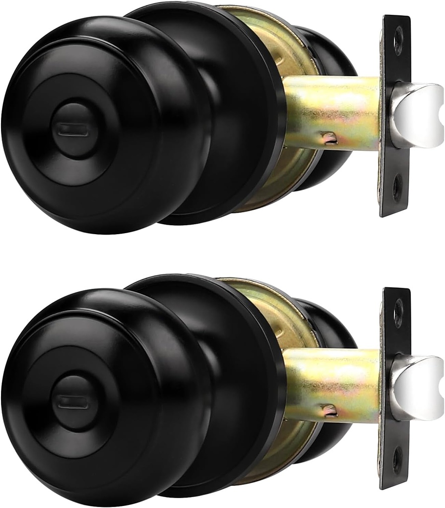 Probrico (2 Pack Matte Black Privacy Door Knobs Keyless Interior Locks for Bedroom or Bathroom, Modern Flat Ball Keyless Bath/Bed Door Handles