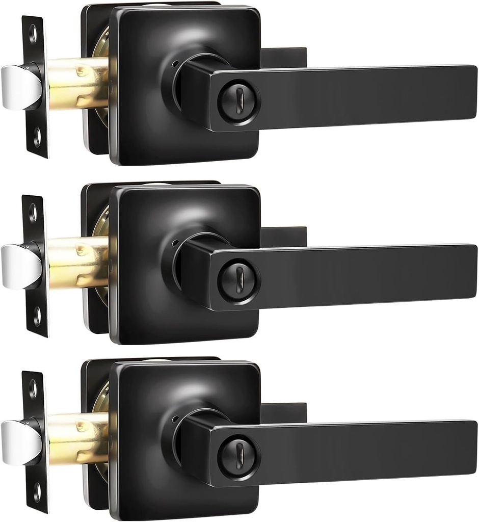 GOBEKOR 3 Pack Black Door Handles Interior Door Handles with Lock Privacy Door Levers for Bedroom Bathroom Matte Black Lever Door Handle Square Door Handles Hardware