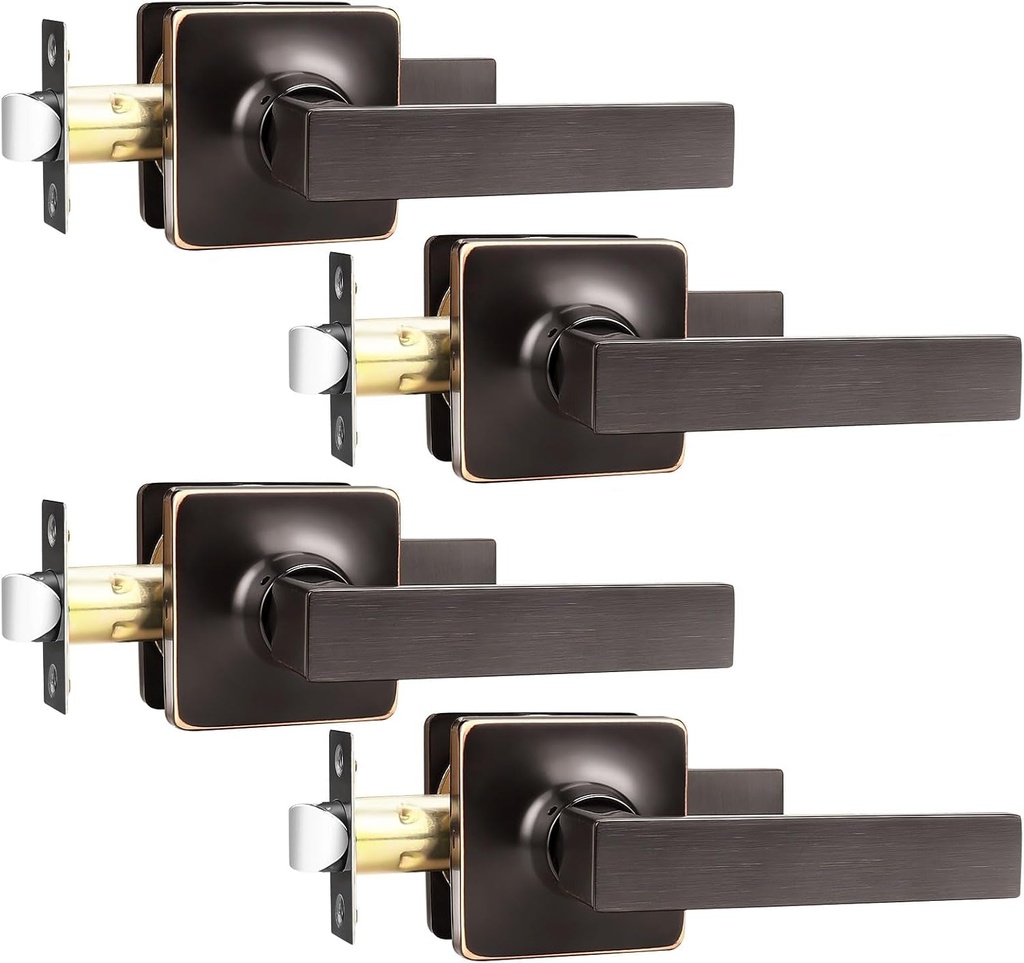 GOBEKOR 4 Pack Passage Door Handles Oil Rubbed Bronze Hall Closet Door Handles Interior Lever Door Handles Square Keyless Passage Levers Bronze Door Hardware