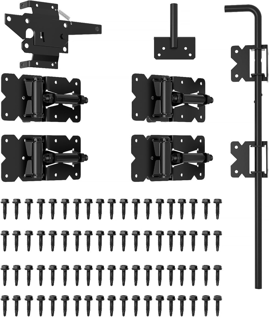 Self Closing Fence Gate Hinges, Gate Latches, 24" Drop Rod Cane Bolt for Gates - Easy to Install- Heavy Duty Gate Stopper Hardware for Wooden/Vinyl Fence- Safe, Secure, Sturdy, Durable(Ztwj)